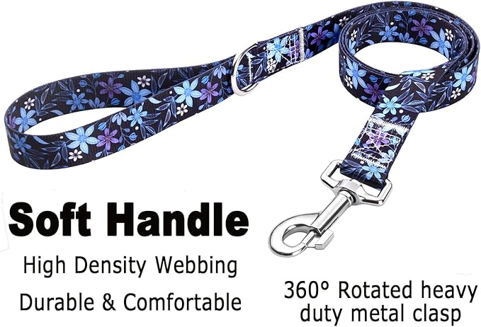 Dog Collar and Leash Set with Bohemia Floral Tribal Geometric Patterns - Soft Ethnic Style Collar Adjustable for Small Medium Large Dogs(Blue Floral Set,XS)