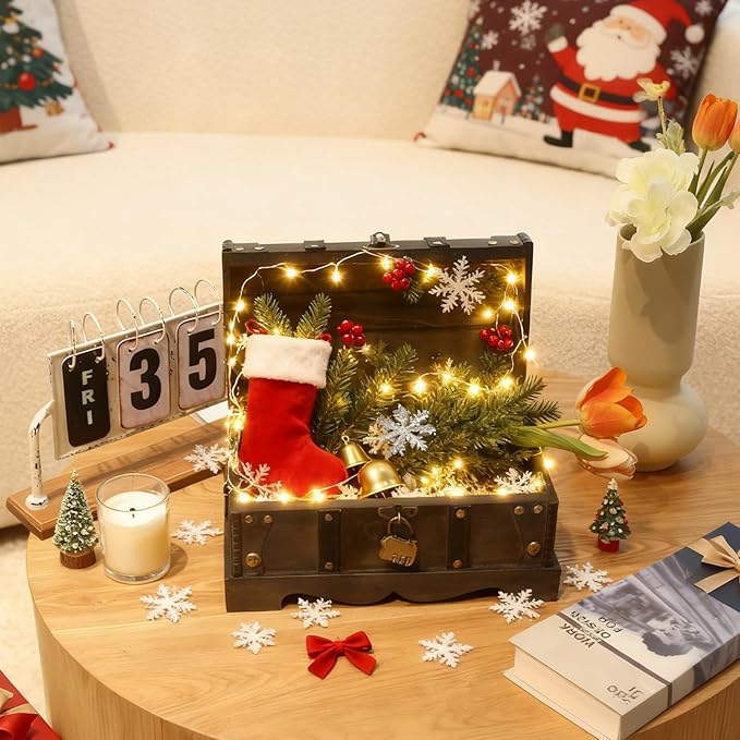 Vintage Wooden Treasure Chest Decorative Box with Lock - 12.2" x 7.1" x 7.1", Black