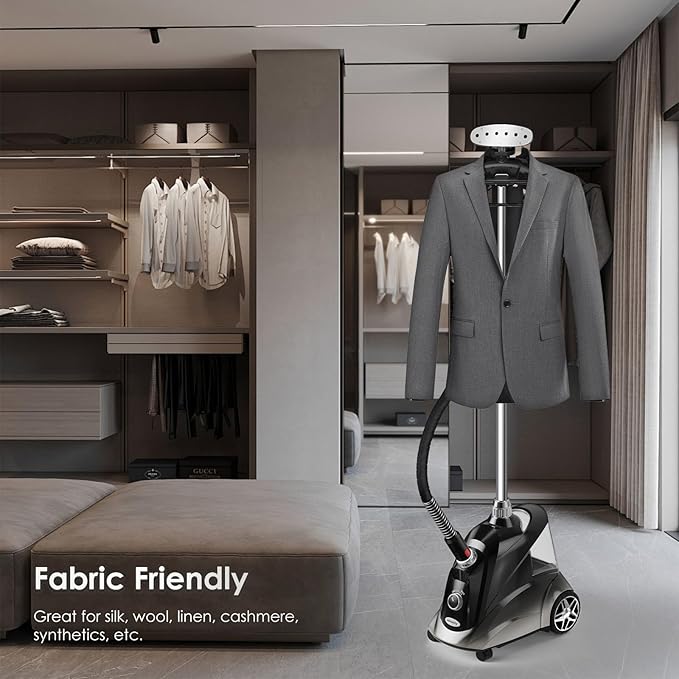 Steamer for Clothes, Jenaely 1500W Standing Garment Steamers, 35s Fast Heat-up, 80 Mins of Continuous Powerful Steam with 2.8L Water Tank, Pants Clip & Children's Clothing Hanger