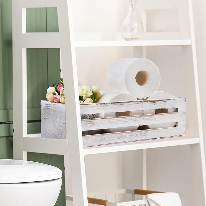 LotFancy Bathroom Decor Box, 2 Pack Wooden Toilet Paper Holder, White Toilet Storage Basket for Back of Toilet, Farmhouse Toilet Tank Topper