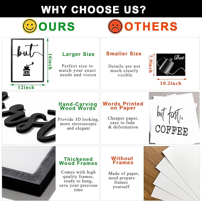 3D Wood But First Coffee Sign, Framed Coffee Bar Wall Decor Wall Art for Dining Room Kitchen Home Office (Ready to Hang, 12x16 inches, Set of 3, Framed)