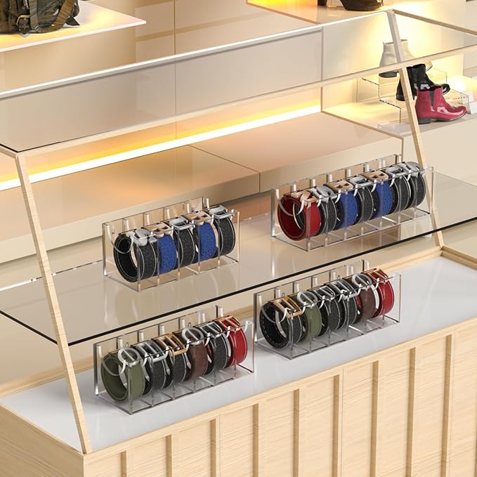 GTI Belt Organizer,Acrylic 5 Compartments belt organizer for closet and wall,Belt Storage Holder for Drawer,Clear Belt Display Case for Closet Tie and Bow Tie