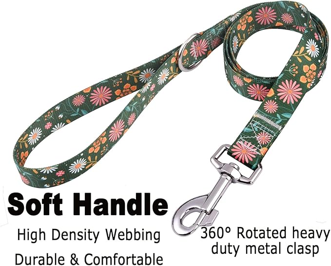 Dog Collar and Leash Set with Bohemia Floral Tribal Geometric Patterns - Soft Ethnic Style Collar Adjustable for Small Medium Large Dogs(Dark Green Flower Set,S)