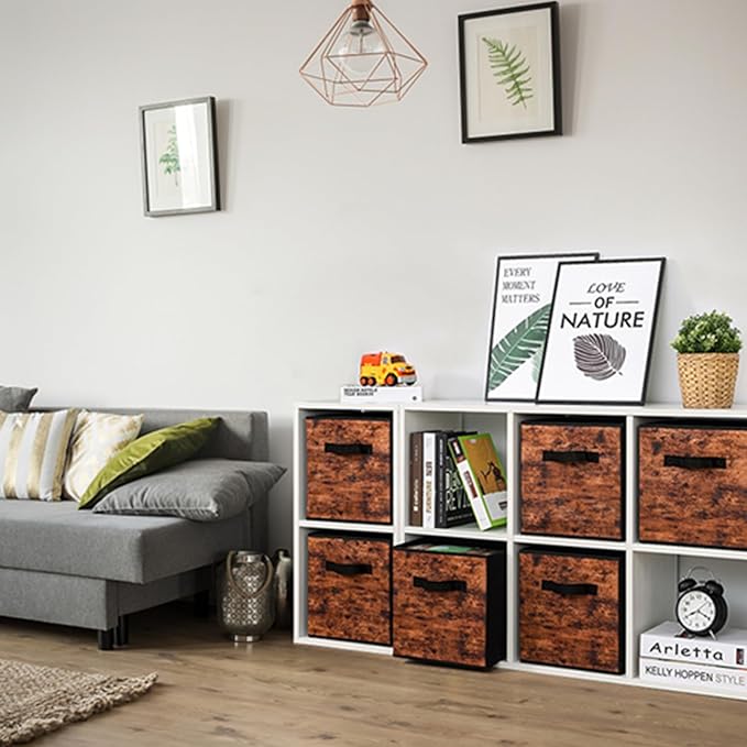 Stero Fabric Storage Cubes, 6 Pack Foldable Storage Bins with Handle, 13 Inch Box for Shelves, Closet, Organizer, Rustic Brown and Black