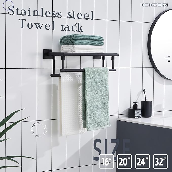 KOKOSIRI Bath Towel Rack with Double Towel Bars 16-Inch Bathroom Towel Shelves Towel Holder Wall Mounted Stainless Steel, Matte Black, B6005BK-L16