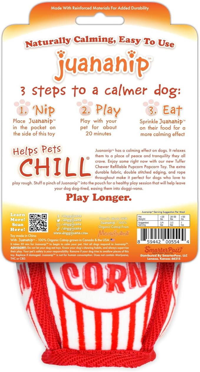 Doggijuana Tuffer Chewer Mini Plush Dog Toy | Funny Dog Toy Plush with Juananip Catnip for Dogs | Calming Aid for Dogs | Interactive Squeaky Chew Toy for Play (Pupcorn)