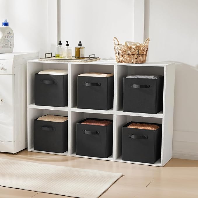 MAX Houser Fabric Cloth Storage Bins,Foldable Storage Cubes Organizer Baskets with Dual Handles for Home Bedroom Storage,Set of 6(Black)