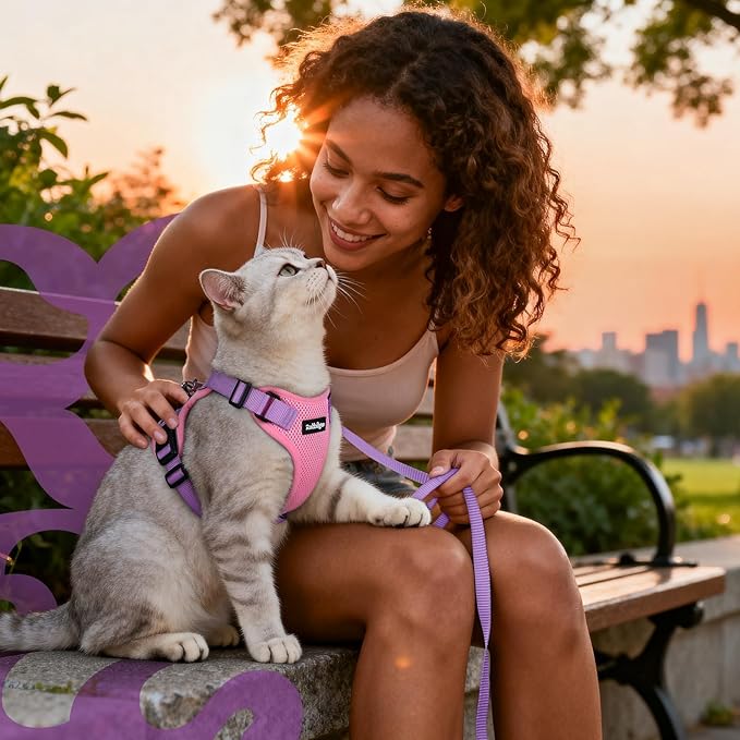 rabbitgoo Cat Harness and Leash for Walking, Escape Proof Soft Adjustable Vest Harnesses for Cats, Easy Control Breathable Reflective Strips Jacket, Pink & Purple, S