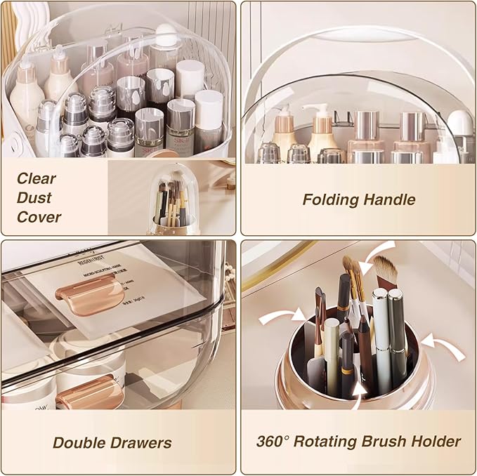 TooCust Cosmetic Display Case with Brush Holder - Makeup Box with Transparent Drawers and Cover, Potable Skin Care Storage Organizer with Handle, Dust Proof Makeup Organizer for Vanity, White & Gold