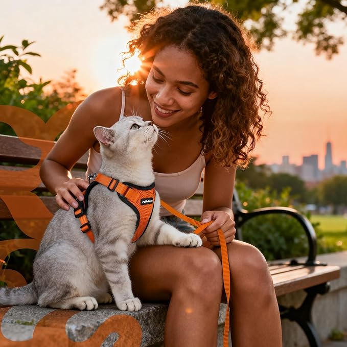 rabbitgoo Cat Harness and Leash for Walking, Escape Proof Soft Adjustable Vest Harnesses for Cats, Easy Control Breathable Reflective Strips Jacket, Orange, S