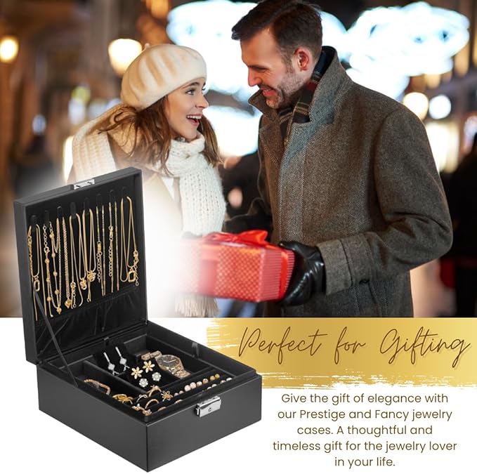 2 Layer Jewelry Box, Jewelry Organizer For Woman, Men & Girls Large Case 8.5x7.5x3.3in | PU Leather Jewelry Gift Storage Boxes For Ring, Necklace & Bracelet With Lock (Black)