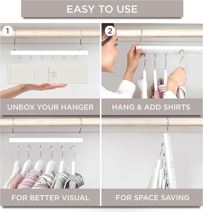 MORALVE Space Saving Hangers for Closet – 4 Pack European Beechwood 6-Tier Shirt Organizer with 360° Swivel Hook – Collapsible Clothes Hanger for Closet Organization (Hangers Not Included)