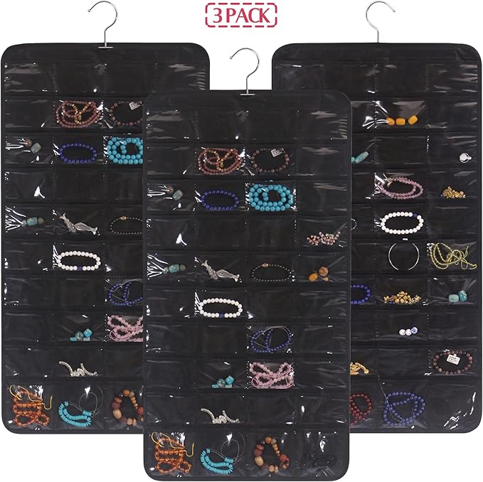 DIOMMELL 3 Pack Hanging Jewelry Organizer with 80 Pockets Jewelry Storage for Earrings Necklace Bracelet Ring Accessory, Black