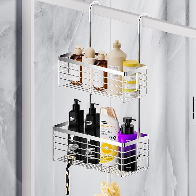 SHANSHUI Shower Hanging Caddy, Double Bathroom Showers Organizer Basket, Shampoo Bracket, Over Door Shower Rack with Hooks, 304 Stainless Steel Rustproof
