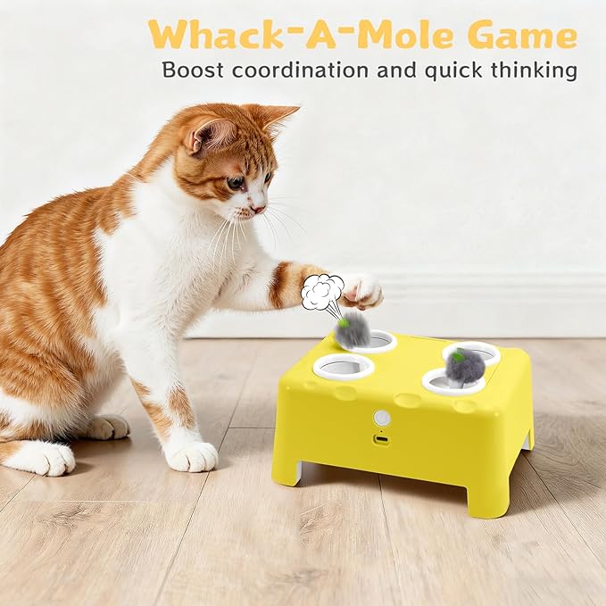 Interactive Cat Toy for Indoor Cats, 3 Modes Feathers Toy, Rechargeable 4 Holes Mole Cat Toys, Cheese Box for Kitten, 4 Accessories (Yellow)