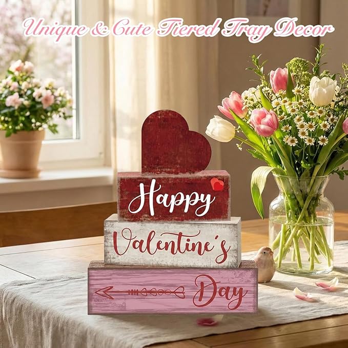 4 Pcs Happy Valentine's Day Sign Tiered Tray Decor Valentines Sign Tabletop Decor Decorations for Home Office Desk Table Art Desk Accessories