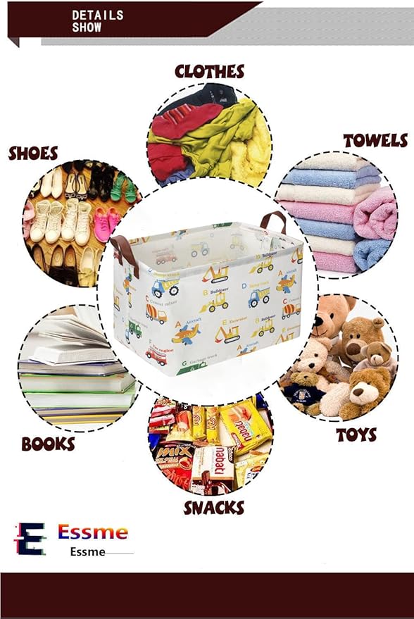 Essme Rectangular Kids Baskets,Car Storage Baske with Handles for Boys Room Decor,Monster Truck Basket,,Gift Bins.(Vehicles)