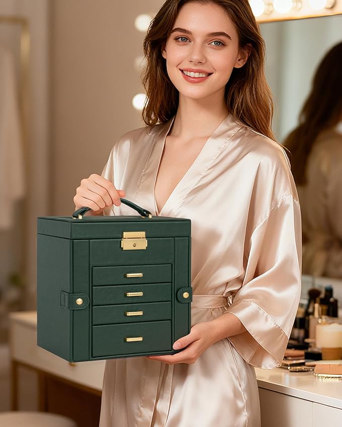 TORIBIO Jewelry Box for Women, Leather Jewelry Organizer with Mirror & Lock, 5-Tier Jewelry Storage Organizer with 4 Drawers for Girls/Women/Mothers, Necklace Earring Bracelets Holder Organizer