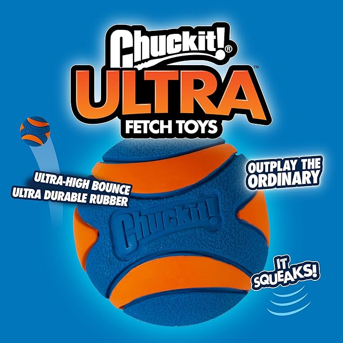 Chuckit! Ultra & Squeaker Ball Dog Toy - Medium Bouncy Fetch Balls for Dogs 20-60 lbs - Made from Durable Rubber - Floating Water Pet Toys - Size Medium - 2.5-inch Diameter - Pack of 3