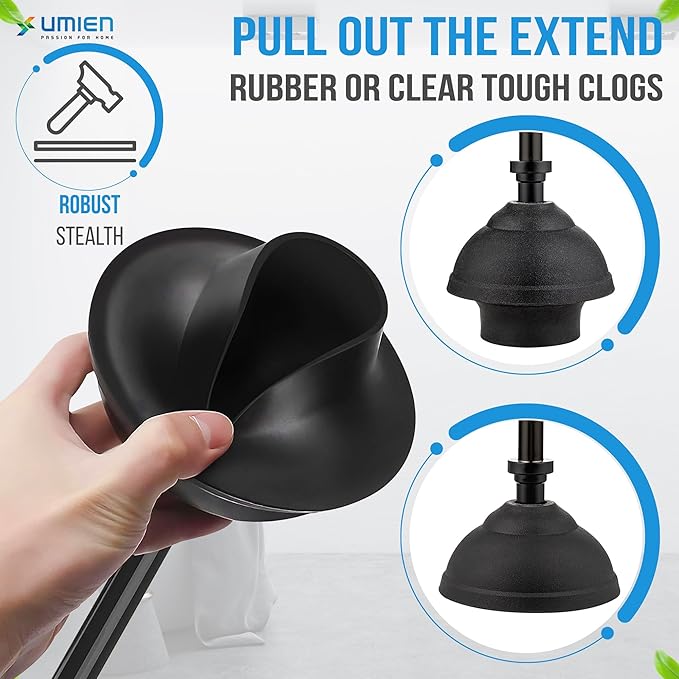 UMIEN Toilet Brush and Plunger Set 18-in - Updated 2025 No-Rust - Stainless Steel Design - Long Handles - with Freestanding Canister (Matte Black)