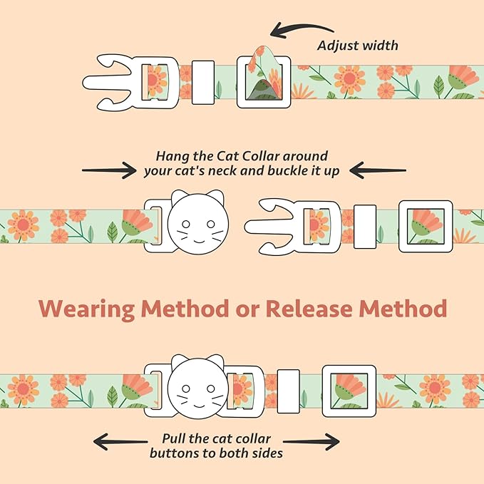 2 Pack Cotton Breakaway Cat Collar Beige and Green Flowers Pendant Cute Kitten Cat Collar with Bell