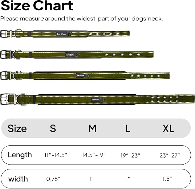 PetiFine Dog Collar for Large Dogs, Neoprene Padded and Adjustable, Reflective Wide Heavy Duty Pet Collars with Durable Metal Belt Buckle for Walking, Green, XL