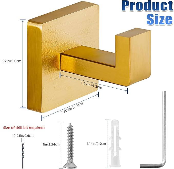 Towel Hooks for Bathrooms, Heavy Duty Wall Mounted Stainless Steel Modern Hook, – Ideal for Hanging Towels, Robes, Coats, in Kitchen, Bedroom, Bathroom, or Hotel (2 Pack, Brushed Gold)