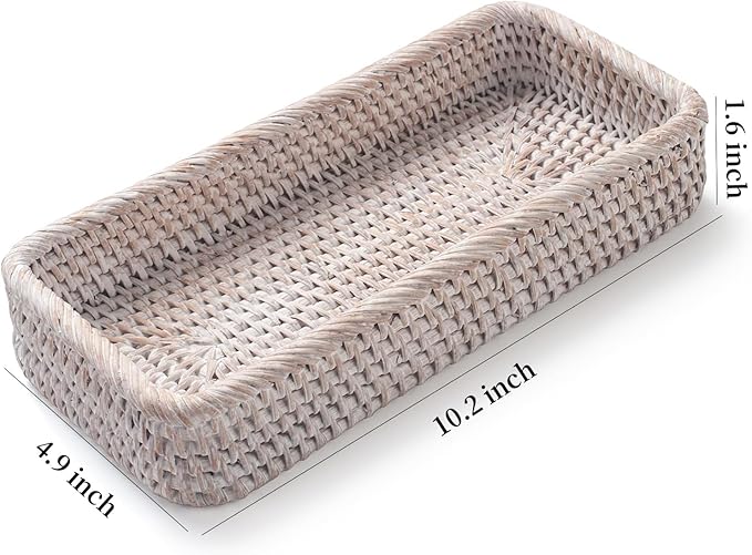 Rattan Bathroom Vanity Tray, Toilet Tank Tray, Toilet Basket Tank Topper, Bathroom Basket for Organizing and Decor (Whitewash, 10.2" x 4.9" x 1.6")