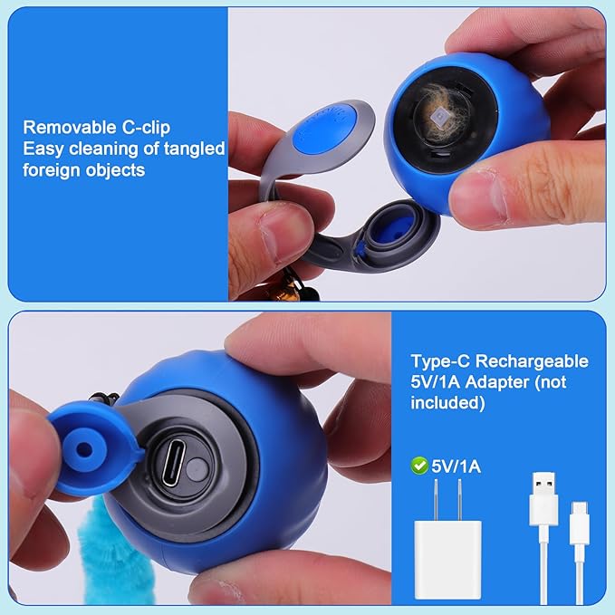 BABORUI Interactive Cat Toy Ball - Automatic Interactive Cat Toys for Indoor Cats with 3 Tails, 2 Speeds Rechargeable Cat Enrichment Toys for Small/Medium/Large Cats to Keep Them Busy(Blue)