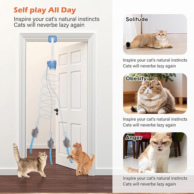 Interactive Cat Toy, Flapping Bird & Rotating Feather Teaser for Indoor Cats, Hanging Doorway Cat Toys with Fishing Pole for Exercise, Boredom Relief & Fun Games