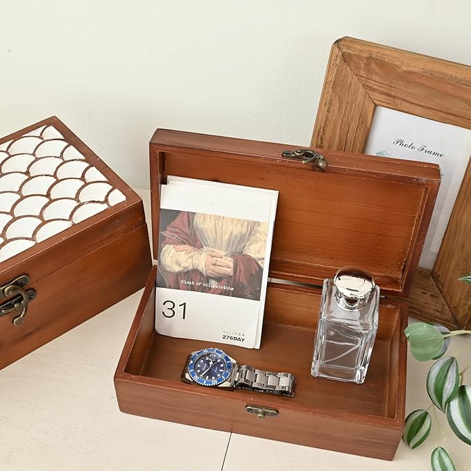 Wooden Storage Boxes Set of 2 with White Inlay Lid – Decorative Keepsake Boxes with Metal Latch, Rustic Wooden Organizer for Jewelry, Photos, Crafts, and Home Decor