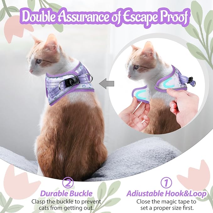 Cat Harness and Leash Escape Proof for Walking, Adjustable Soft Kitten Harness with Reflective Straps Step in Cat Vest Harness for Small Kitten and XS Dogs (Purple, XS-Chest(10.2"-11.8"))