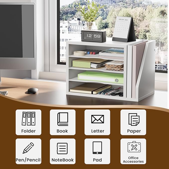 File Organizer Desktop, Wood Desk Organizer with 3 Adjustable Shelves, Mail Paper Sorter for Office, Home, File Holders for Envelopes, Mail Supplies or Magazines, White