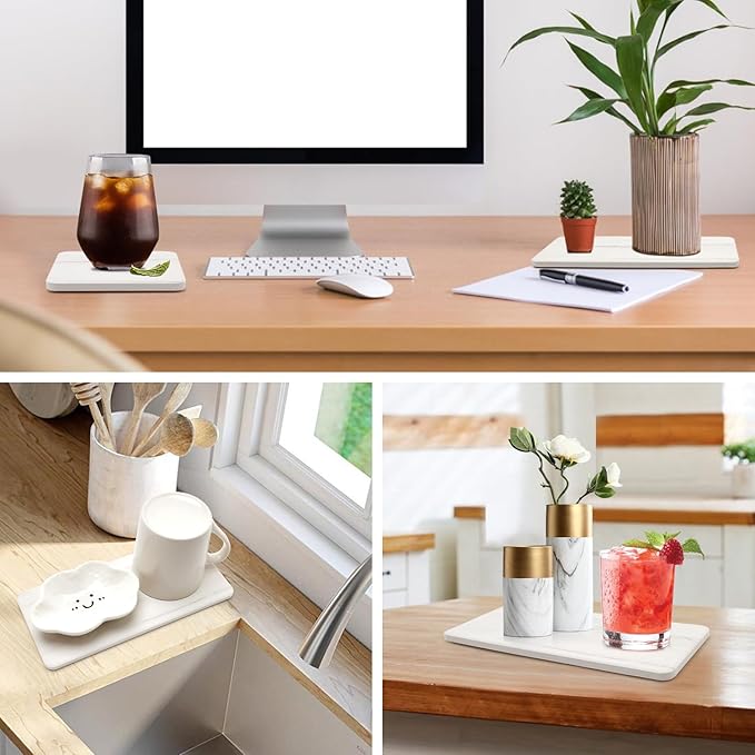 Set of 4 Water Absorbing Stone Drying Tray for Bathroom Sink Kitchen Hand Soap Coaster Diatomite Toothbrush Holder Quick Dry Marble Bathroom Vanity Trays Diatomaceous Earth Dish Kitchen Counter Tray