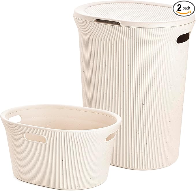 Superio Ribbed Collection - Eco-Friendy Laundry Basket & Laundry Hamper with Lid and Cut-Out Handles, (Set of 2) Organizer for Bedroom Bathroom College Dorm Room