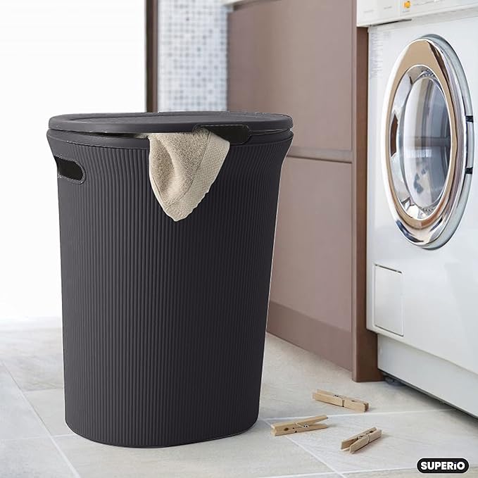Superio Ribbed Collection - Decorative Plastic Laundry Hamper with Lid and Cut-Out Handles, Brown (1 Pack) Basket Organzier for Bedroom Bathroom College Dorm Room 40 Liter