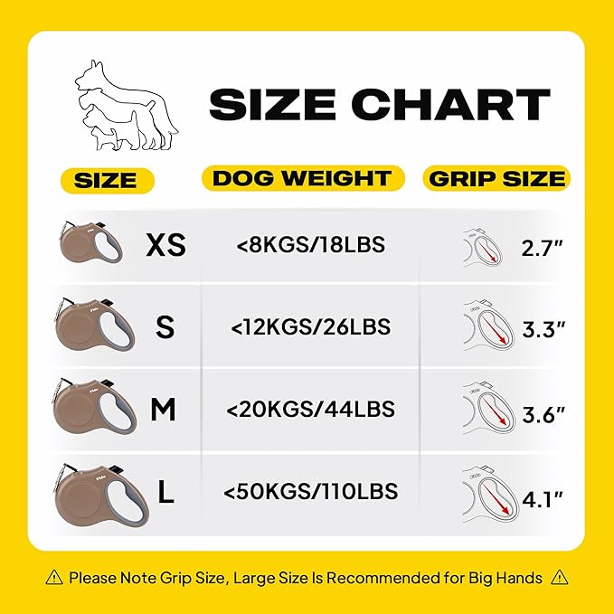 Fida Retractable Dog Leash, 16ft Heavy Duty Pet Walking Leash for X-Small/Small/Medium/Large Dog or Cat up to 110 lbs, Tangle Free. One-Hand Brake (Large, Coffee)