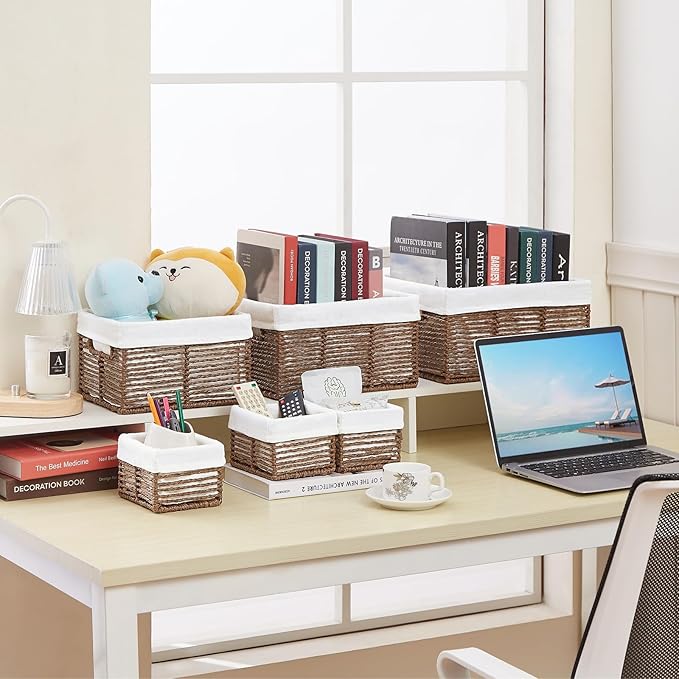 Vagusicc Wicker Storage Basket, 6 Pack Baskets for Organizing, Wicker Baskets with Handle, Rectangular Woven Basket for Storage Shelves, Cube Storage Bins for Closet/Clothes/Dresser, Brown