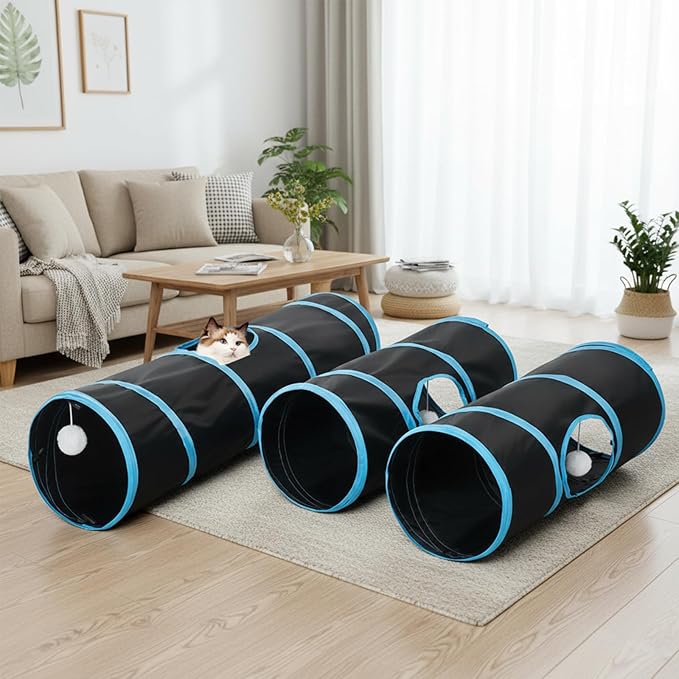 Cat Tunnel 3 Straight Shaped Pet Tunnels, Tube Cat Toys 6 DIY Shapes with Wand Toys, Scratch Resistant Collapsible Cats Tubes for Indoor Puppy, Kitten, Rabbit Black 82in