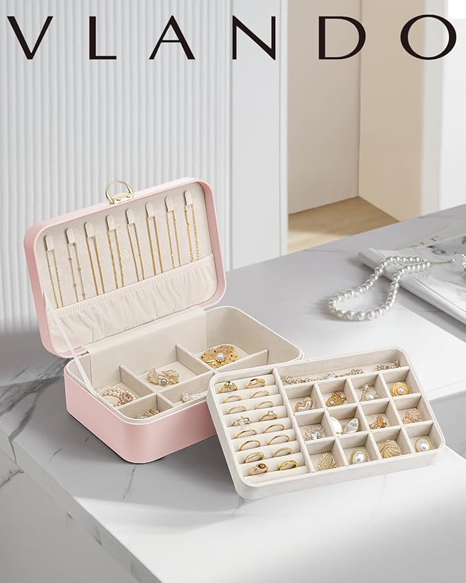 Vlando Jewelry Box Organizer for Women Girls, 2 Layer Jewelry Case with Lock,Jewelry Storage Earrings Necklace,Rings,Gift Box Packaging,Wedding Birthday Gifts-Pink