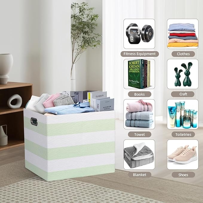 13x15x13 Storage Cube Bins, Foldable Storage Cubes, Fabric Organizer Basket Bin, Striped Containers Decorative Storage Boxes for Shelves Wardrobe Closet Home Office, 4 Pack, Green/White