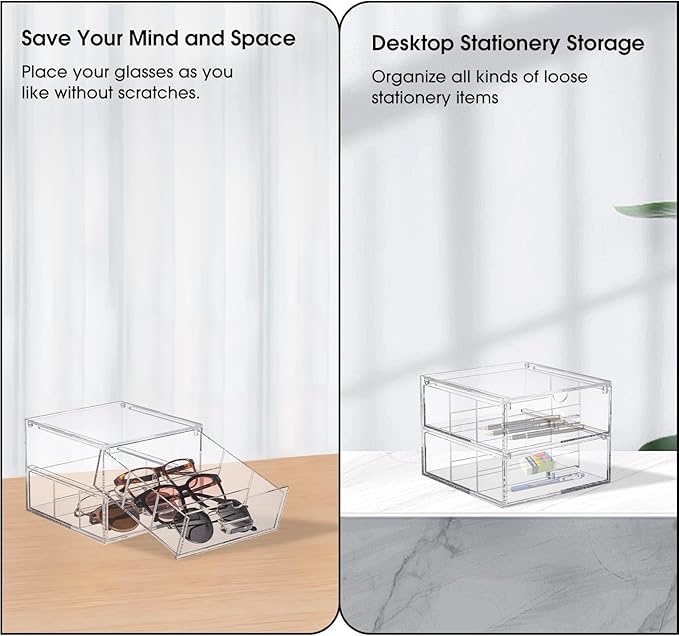 Clear Acrylic 2-Drawer Storage Glasses Organization Drawers Makeup Organizer Box Holder for Sunglasses, Small Items, Makeup Brush Sets, Jewelry Trays and Accessories, 7.24”x7.56”x5.6” (Transparent)