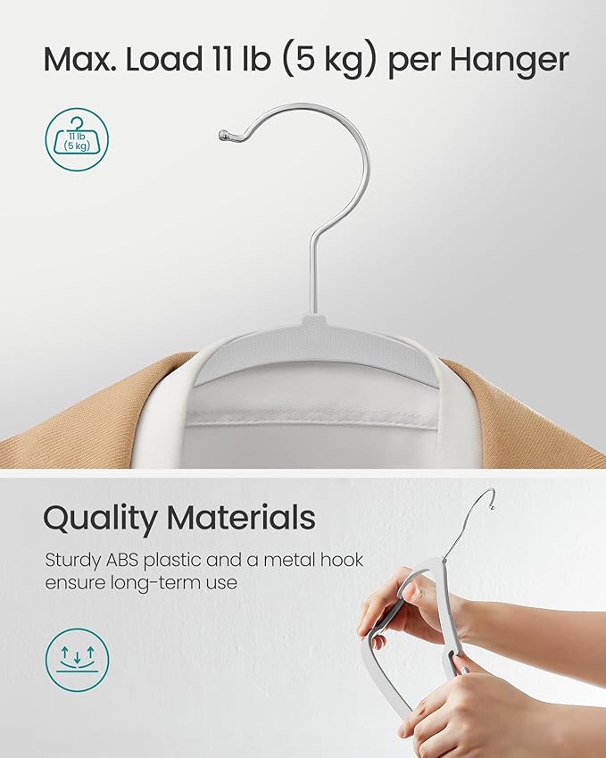 SONGMICS Clothes Hangers 50 Pack, Heavy-Duty Plastic Hangers, Coat Hangers with Wide Shoulder Notches, Pant Bar, 360° Swivel Hook, Space-Saving, 16.4 Inches, for Closet, Gray UCRP060G01