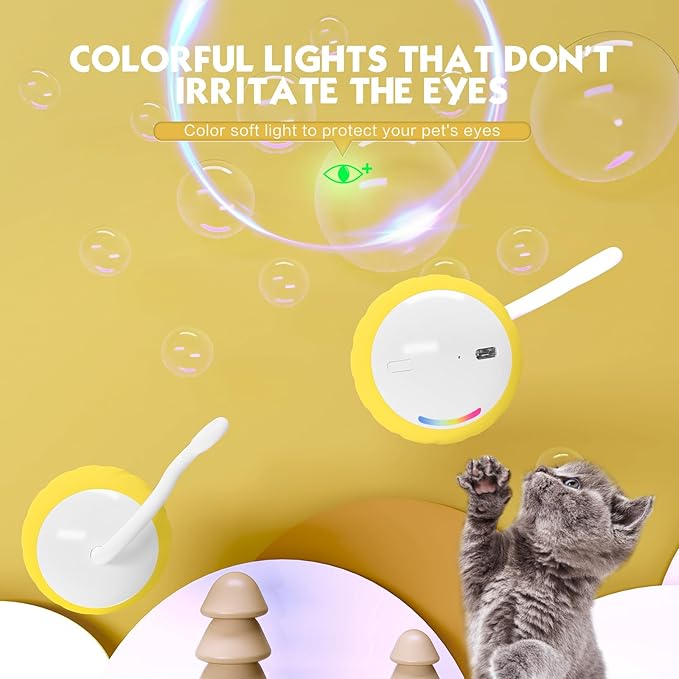 Interactive Cat Toys Ball - Electric Automatic Toys for Indoor cats, LED Lights and Toys Feather Tail with Sound Activated and Touch, USB Rechargeable, 2peeds Mode for Bored Kittens/Adult Cats/Ferret