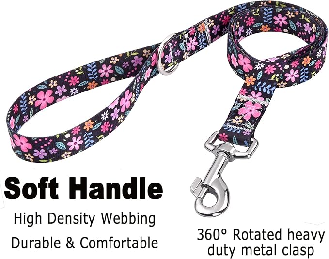 Dog Collar and Leash Set with Bohemia Floral Tribal Geometric Patterns - Soft Ethnic Style Collar Adjustable for Small Medium Large Dogs(Floral Set,M)