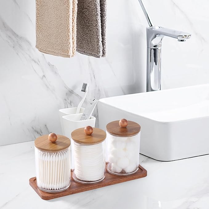Tbestmax Qtip Holder with Vanity Tray, Clear Bathroom Containers Dispenser for Storage Cotton Swab/Ball/Pad Holder Wood Lids