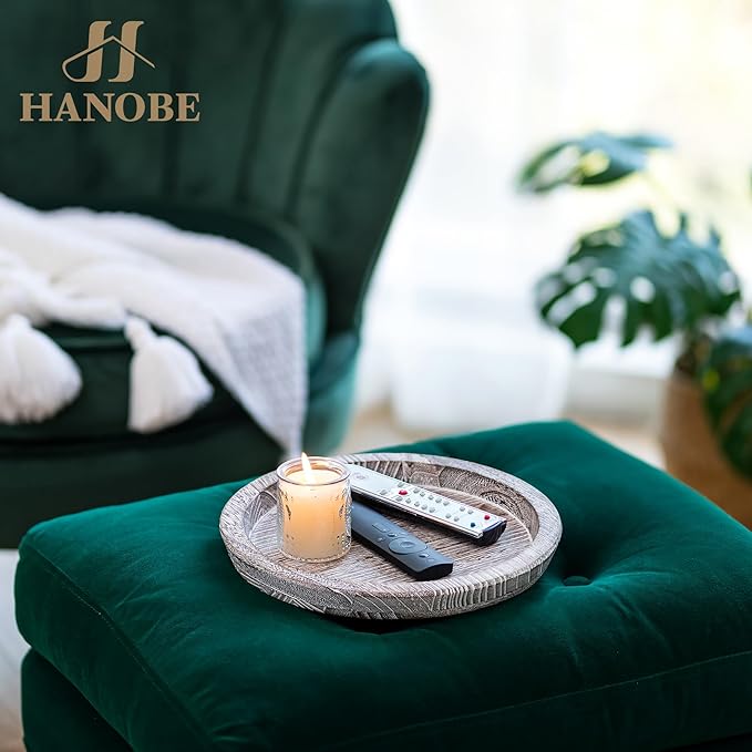 Hanobe Decorative Tray for Coffee Table: Round Candle Plate Holder Centerpieces for Dining Room Kitchen - Wooden Farmhouse Tray Vintage Home Decor