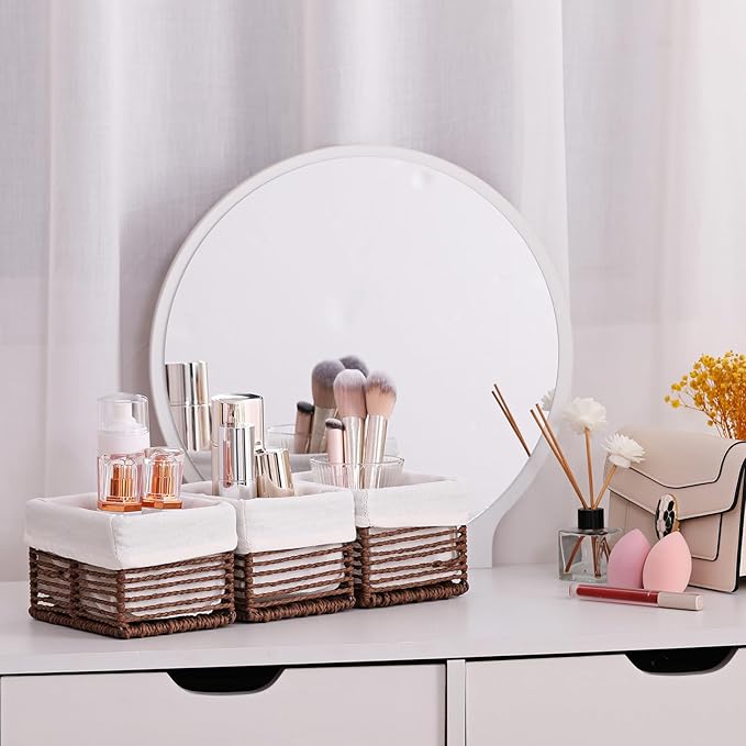 Vagusicc Wicker Storage Basket, Hand-Woven Paper Rope Woven Baskets, Rectangular Small Wicker Baskets for Organizing, Cube Storage Bins for Closet/Clothes/Dresser, Brown, 5-Pack