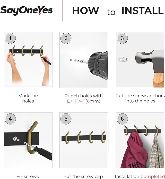 Coat Rack Wall Mount – Black and Gold Hook Rail with 4 Double Coat Hooks, 12 Inch Stainless Steel Wall Hooks for Entryway, Bathroom, Bedroom, Closet, Towel, Hat, Bag, Heavy Duty Organizer