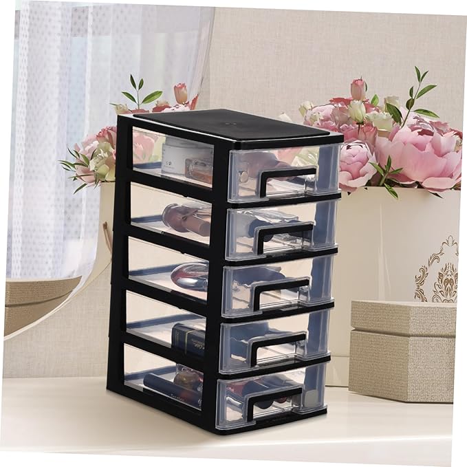 SAFIGLE Drawer Storage Cabinet:5 Clear Plastic Drawers Organizer for Home Office Vertical Design Storage Bin for Sundries Crafts and Stationery Black